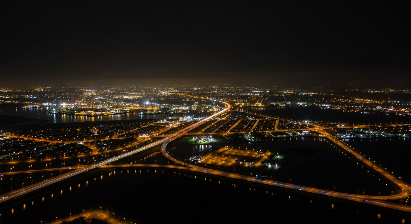 Nachtelijke luchtfoto van Nederland met verlichte infrastructuurcorridors