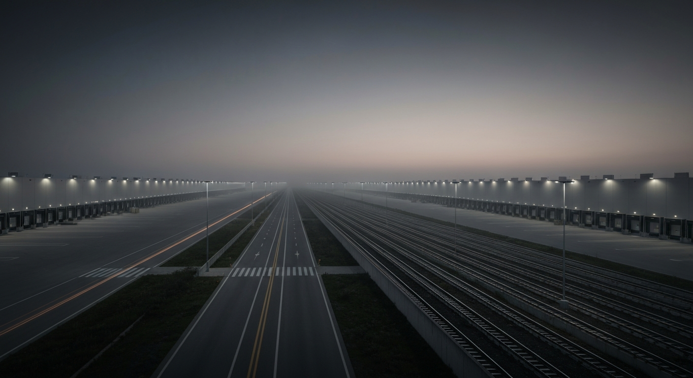 Logistiek en industrieel ontwikkelterrein bij schemering